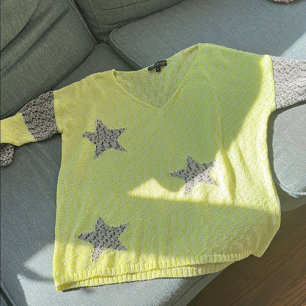Green V-Neck Sweater with Star Accents